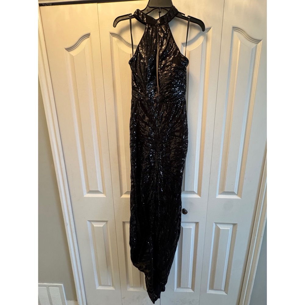 Aoshababi Womens Black Sequin Halter‎ Maxi Dress Keyhole Prom Gown Size M